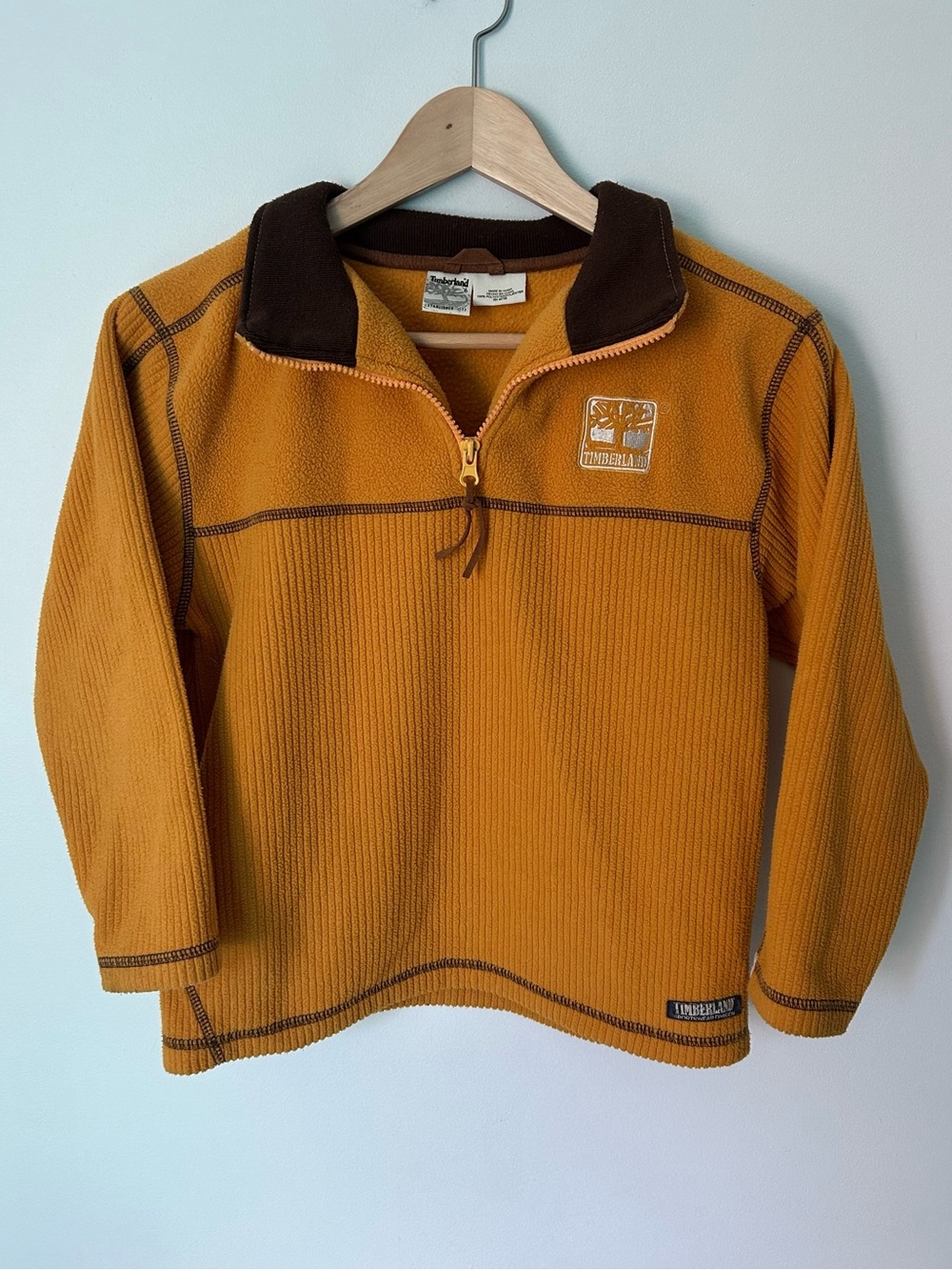 Vintage 90s Y2K Timberland Boys Mustard Half-Zip Pullover with Brown Collar